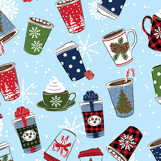 44 x 36 Holiday Drinks on Light Blue Benartex Christmas 100% Cotton Fabric