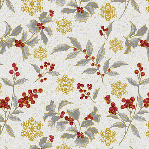 44 x 36 Holly Toss on Grey Benartex Christmas Metallic 100% Cotton Fabric