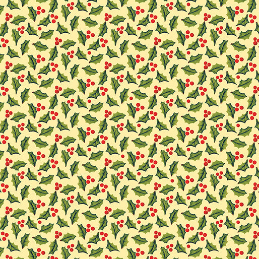 44 x 36 Jolly Holly and Berries on Butter Yellow Christmas Benartex 100% Cotton