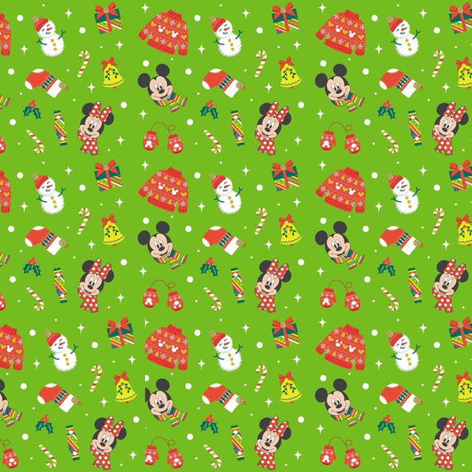 44 x 36 Licensed Mickey and Minnie Xmas Icons on Green Christmas Springs Creative 100% Cotton