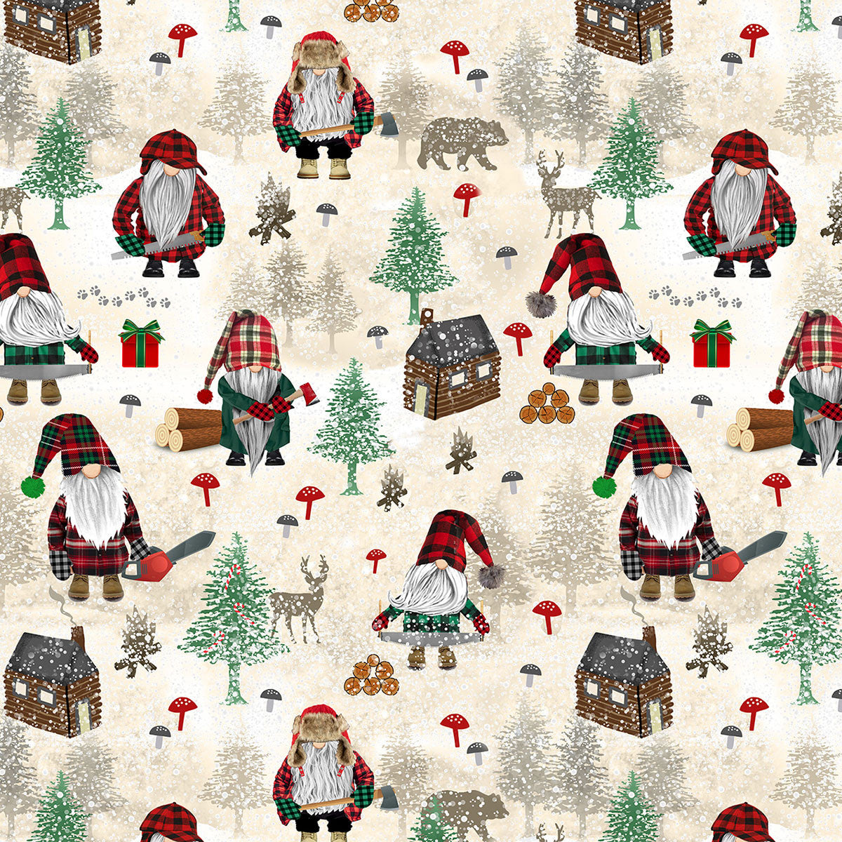 44 x 36 Lumberjack Gnomes Cream 100% Cotton Timeless Treasures Thanksgiving Christmas