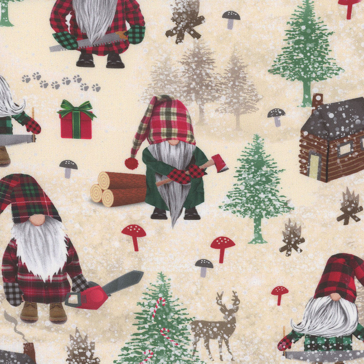 44 x 36 Lumberjack Gnomes Cream 100% Cotton Timeless Treasures Thanksgiving Christmas