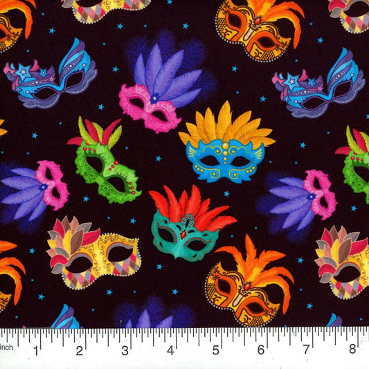 44 x 36 Mardi Gras masks on Black 100% Cotton Digital All Over Print