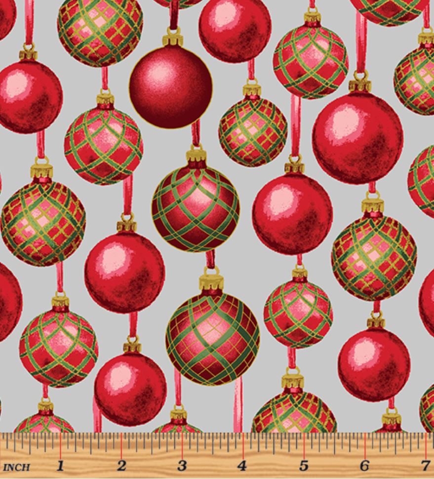 Benartex Christmas Ornaments Pewter Metallic 100% Cotton Fabric Price per Yard