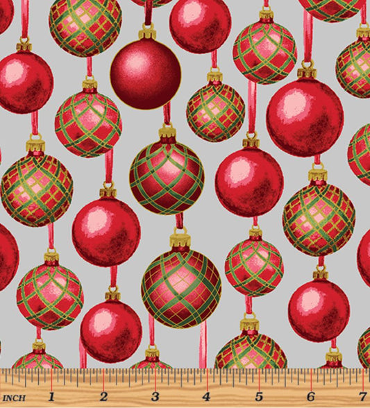 44 x 36 Ornaments Pewter Benartex Christmas Metallic 100% Cotton Fabric