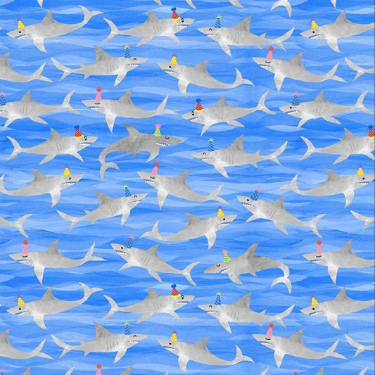 44 x 36 Party Animal Sharks on Blue Timeless Treasures 100% Cotton Fabric  Novelty