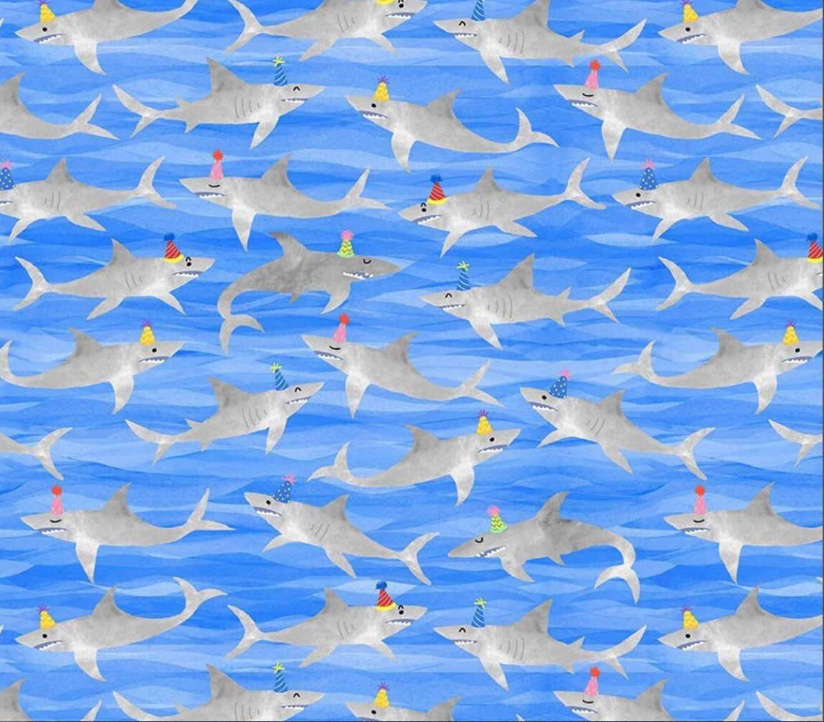 44 x 36 Party Animal Sharks on Blue Timeless Treasures 100% Cotton Fabric  Novelty