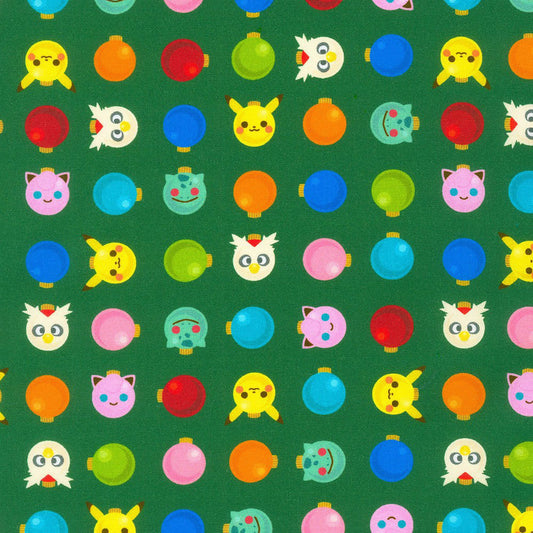 44 x 36 Pikachu's Holiday by Pokemon Pikachu Ornaments Green Christmas Fabric Robert Kaufman 100% Cotton