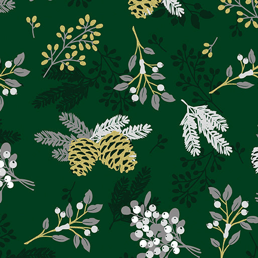 44 x 36 Pine Cones and Berries on Green Benartex Christmas Metallic 100% Cotton Fabric