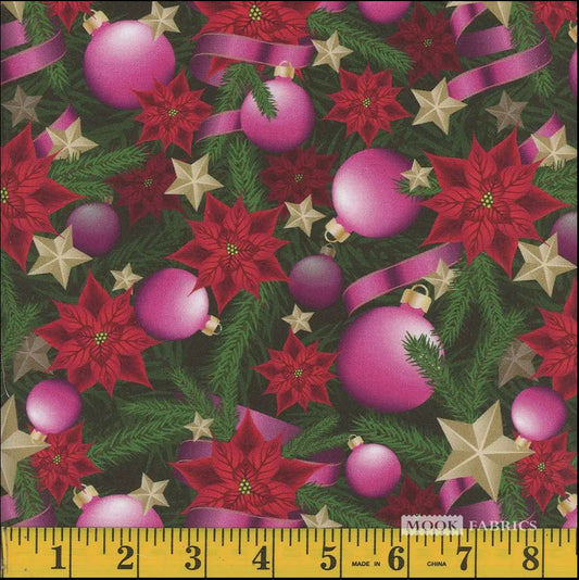 44 x 36 Pink Ornaments and Ribbons Christmas 100% Cotton Fabric