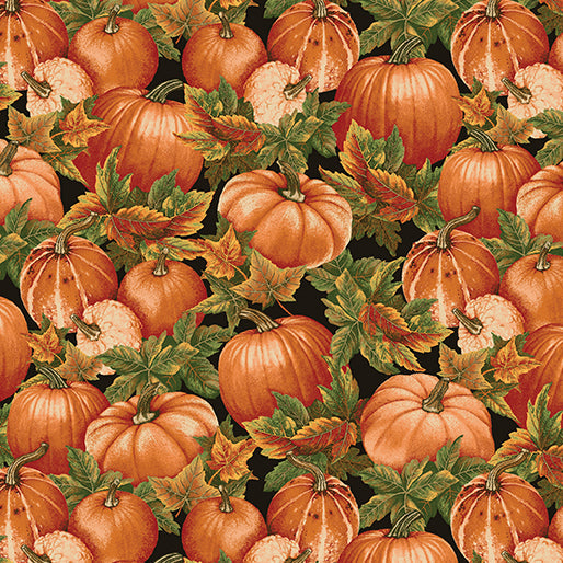 44 x 36 Pumpkin Fields on Black Fall Thanksgiving Benartex 100% Cotton Fabric