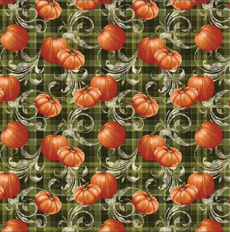 Benartex Thanksgiving Pumpkin Plaid Scroll on Green Fall 100% Cotton Fabric Price per Yard