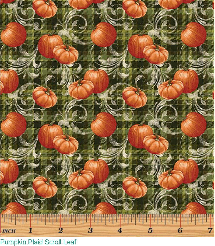 Benartex Thanksgiving Pumpkin Plaid Scroll on Green Fall 100% Cotton Fabric Price per Yard