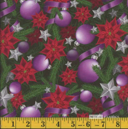 44 x 36 Purple Ornaments Ribbons and Poinsettias Christmas 100% Cotton Fabric