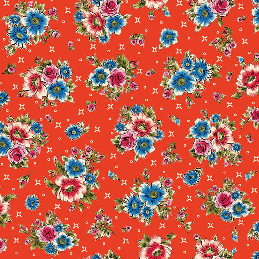 44 x 36 Red and Blue Flowers on Red Maywood Studio 100% Cotton Floral