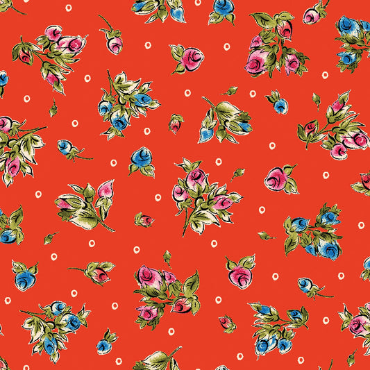 44 x 36 Red and Blue Roses on Red Maywood Studio 100% Cotton Floral