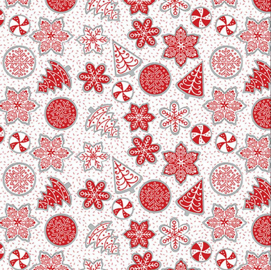 44 x 36 Red Sugar Cookies on White Benartex Christmas Metallic 100% Cotton Fabric