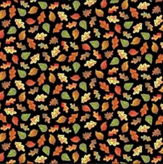 44 x 36 Small leaf Toss On Black Quilting Treasures 100% Cotton Thanksgiving