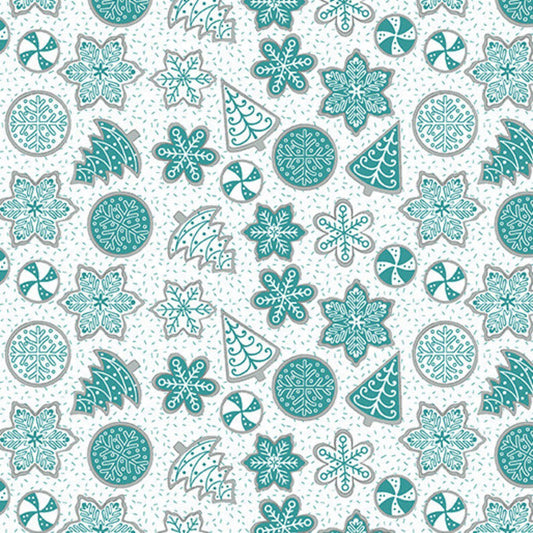 44 x 36 Teal Sugar Cookies on White Benartex Christmas Metallic 100% Cotton Fabric