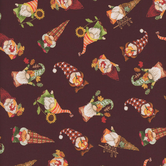 44 x 36 Timeless Treasures Autumn Gnomes on Dark Brown 100% Cotton Fabric