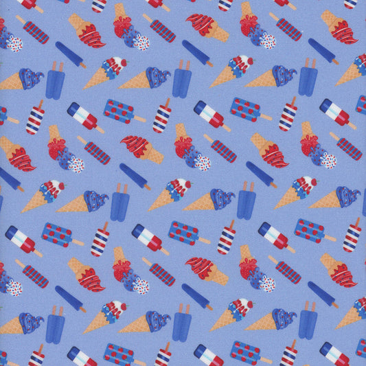 44 x 36 Timeless Treasures Bbq Season Patriotic Ice Cream on Blue 100% Cotton Fabric All Over Print