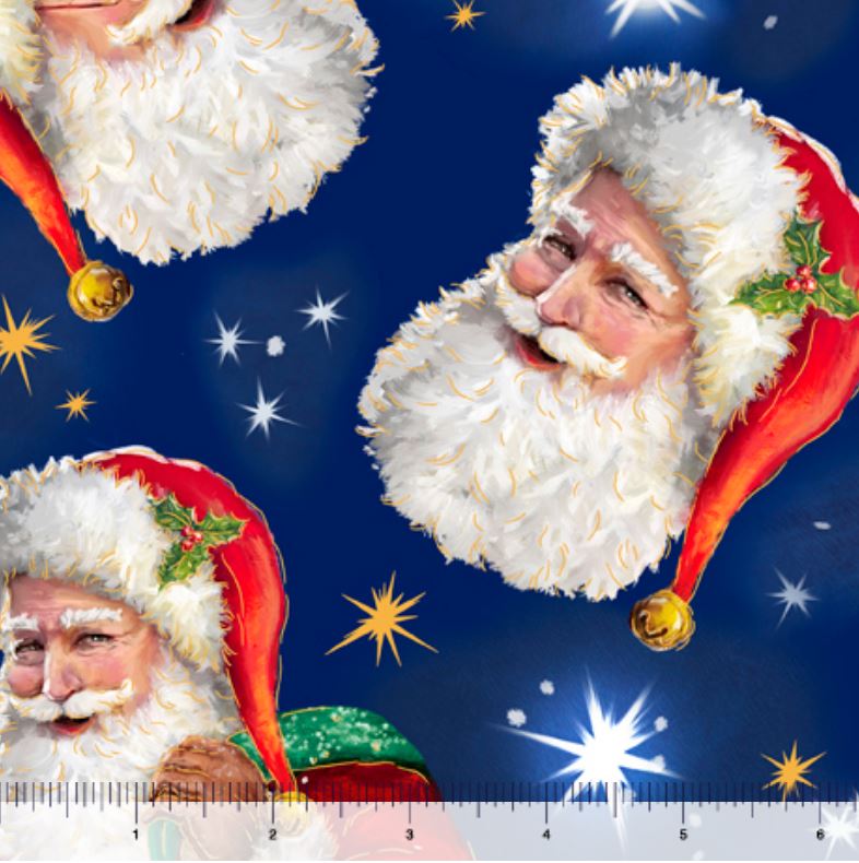 44 x 36 Tossed santa Heads On Navy Blue Quilting Treasures 100% Cotton Christmas