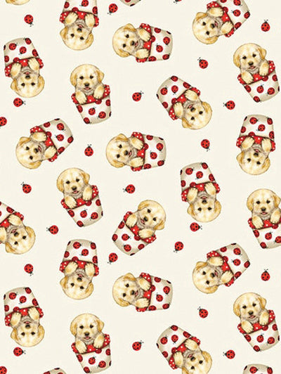 44 x 36 Trendy Pups in buckets Ladybugs on White Studio E 100% Cotton