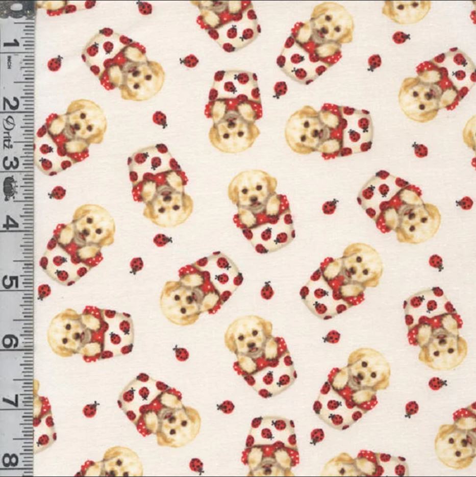 44 x 36 Trendy Pups in buckets Ladybugs on White Studio E 100% Cotton