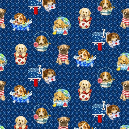 44 x 36 Trendy Pups on Blue Studio E 100% Cotton