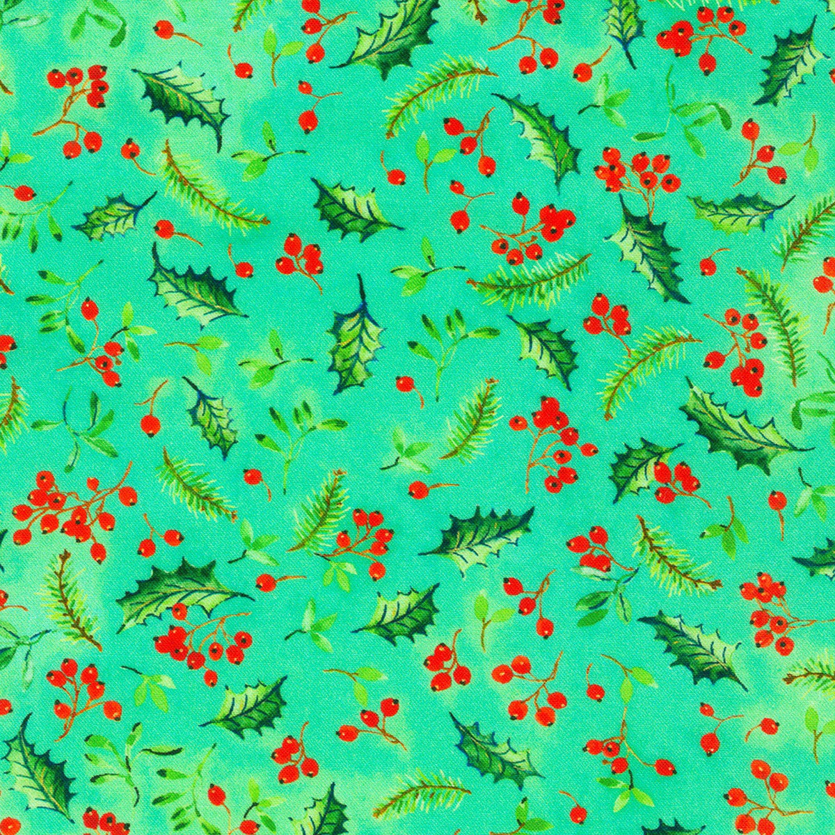 44 x 36 Yuletide Bouquet Holly and Berries Green Robert Kaufman 100% Cotton Christmas