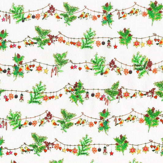 44 x 36 Yuletide Bouquet Strings of Birds on White Robert Kaufman 100% Cotton Christmas