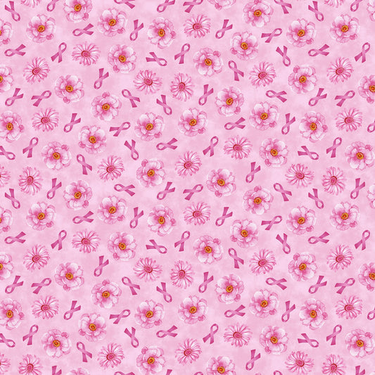 45 x 36 Breast Cancer Awareness Floral and Tossed Ribbons Pink Celebration 100% Cotton