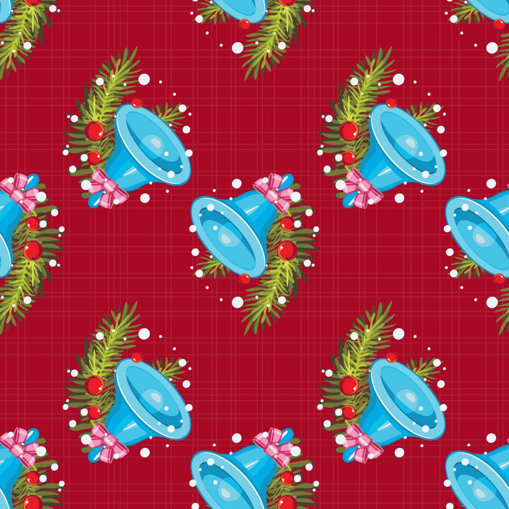 45 x 36 Christmas Blue Bells on Red 100% Cotton Fabric