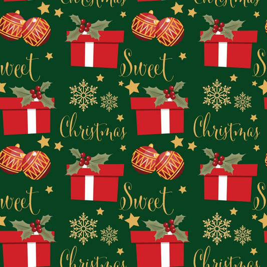 45 x 36 Christmas Gifts Ornaments Sweet Christmas on Green 100% Cotton Fabric