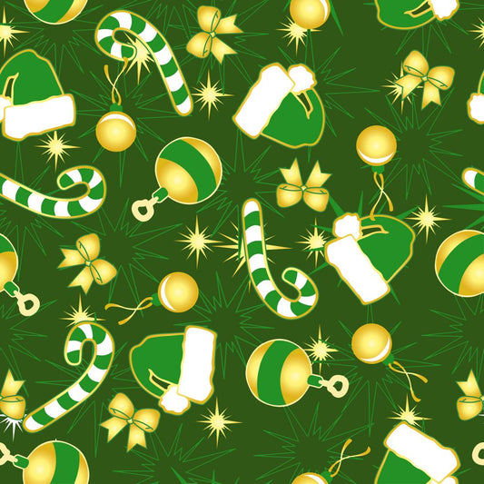 45 x 36 Christmas Gold and Green Balls Bows and Hats on Green 100% Cotton Fabric