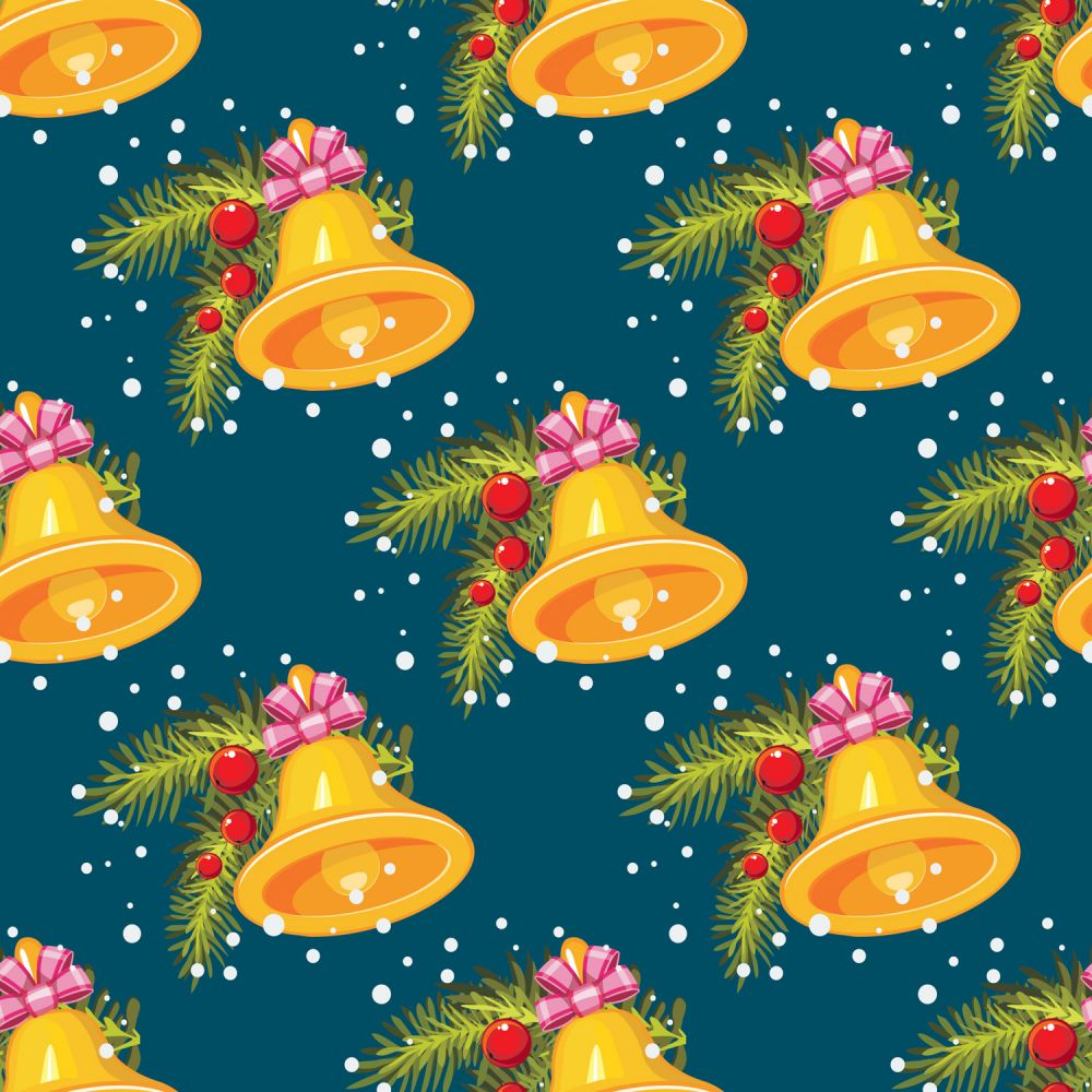 Christmas Gold Bells on Blue Teal 100% Cotton Fabric