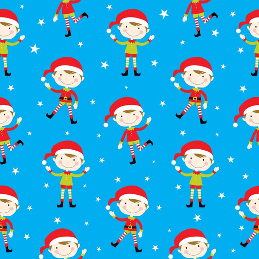 45 x 36 Christmas Happy Elves on Blue 100% Cotton Fabric