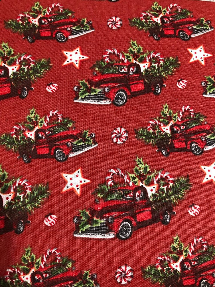 Christmas Loaded Down Red Truck on Red 100% Cotton Fabric Price per Yard