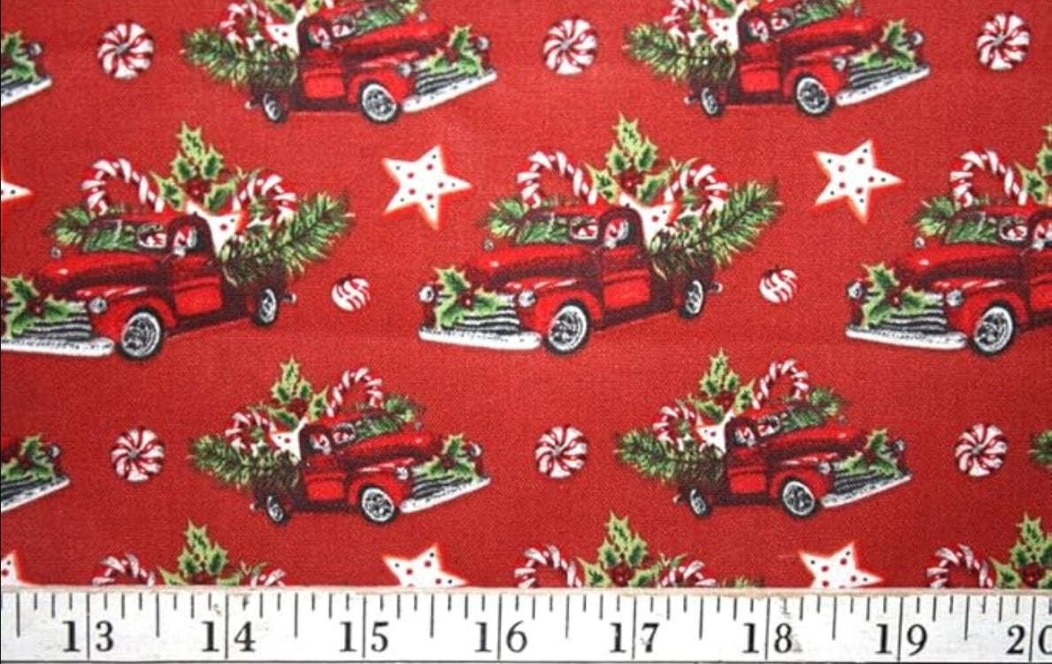 Christmas Loaded Down Red Truck on Red 100% Cotton Fabric Price per Yard