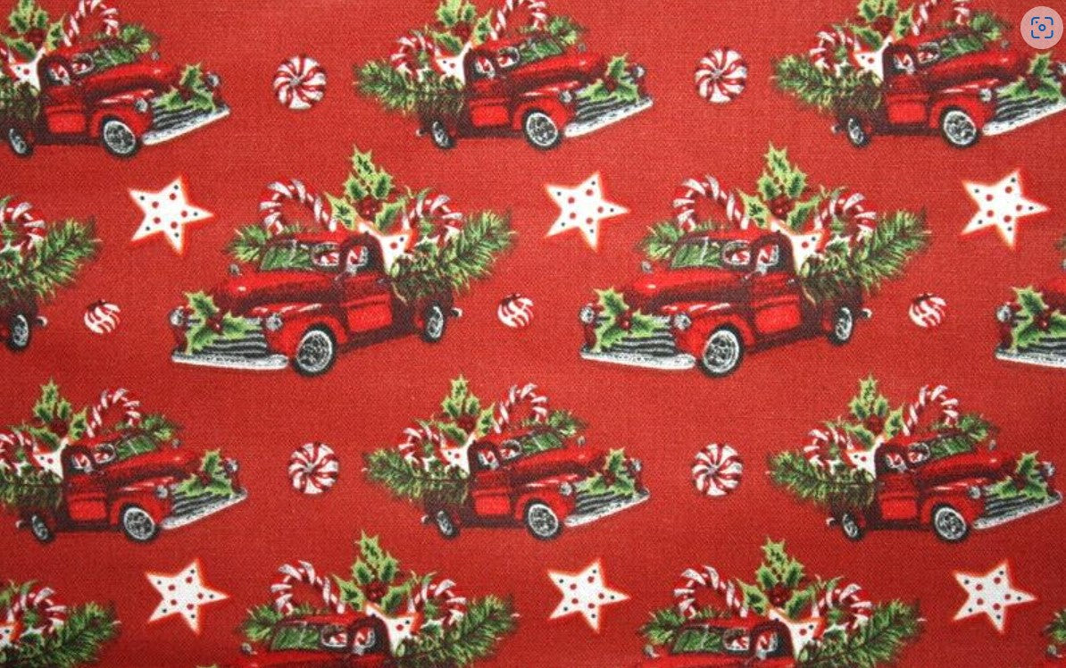 Christmas Loaded Down Red Truck on Red 100% Cotton Fabric Price per Yard