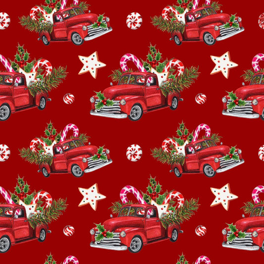 Christmas Loaded Down Red Truck on Red 100% Cotton Fabric Price per Yard