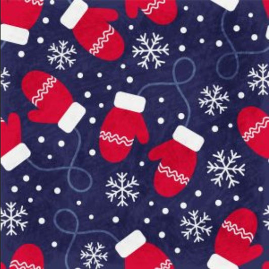 45 x 36 Christmas Red Mittens and Snowflakes on Blue 100% Cotton Fabric