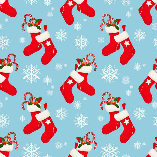 45 x 36 Christmas Red Stockings and Candy Canes on Light Blue 100% Cotton