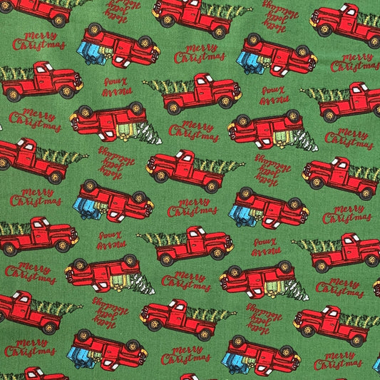 45 x 36 Christmas Red Truck Gifts Trees on Green 100% Cotton Fabric