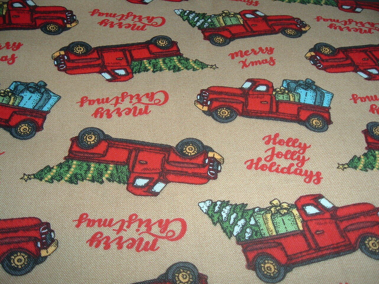 Christmas Red Truck Gifts Trees on Tan 100% Cotton Fabric Price per Yard