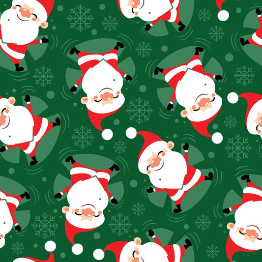 45 x 36 Christmas Santa making Snow Angels on Green 100% Cotton Fabric