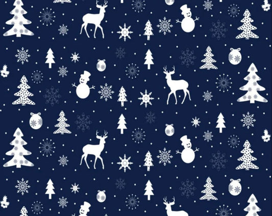 45 x 36 Christmas Shuffle Reindeer Snowmen Trees Snowflakes Ornaments on Blue 100% Cotton Fabric