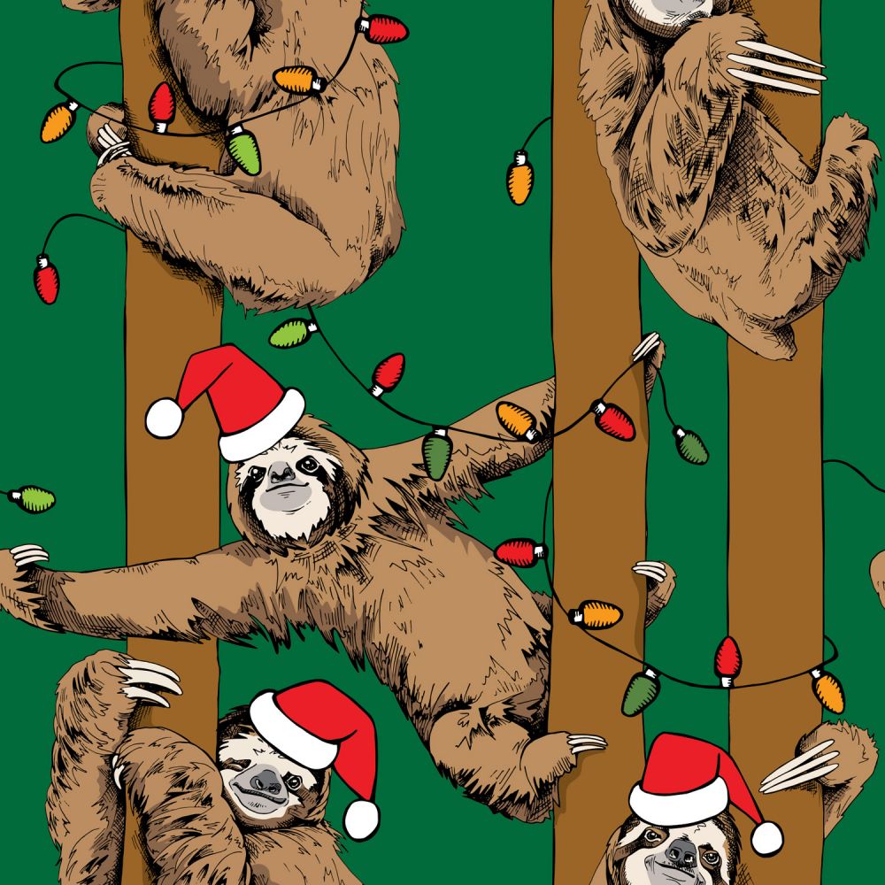 Christmas Sloths Stringing Lights on Green 100% Cotton Fabric Price per Yard