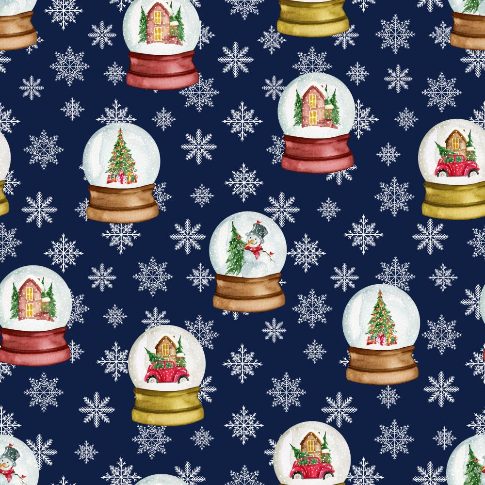 Christmas Snow Globes and Snowflakes on Blue 100% Cotton Fabric