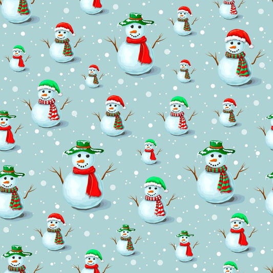 45 x 36 Christmas Snowmen Family on Light Blue 100% Cotton Fabric